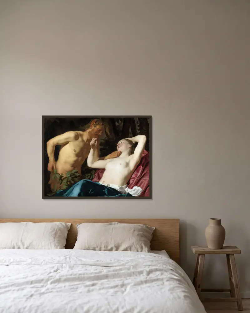 Satyr und Nymphe von Gerard van Honthorst gerahmt an einer Wand