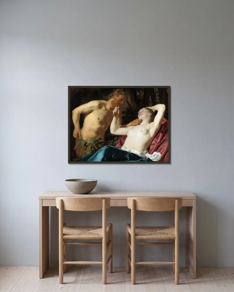 Satyr und Nymphe von Gerard van Honthorst gerahmt an einer Wand