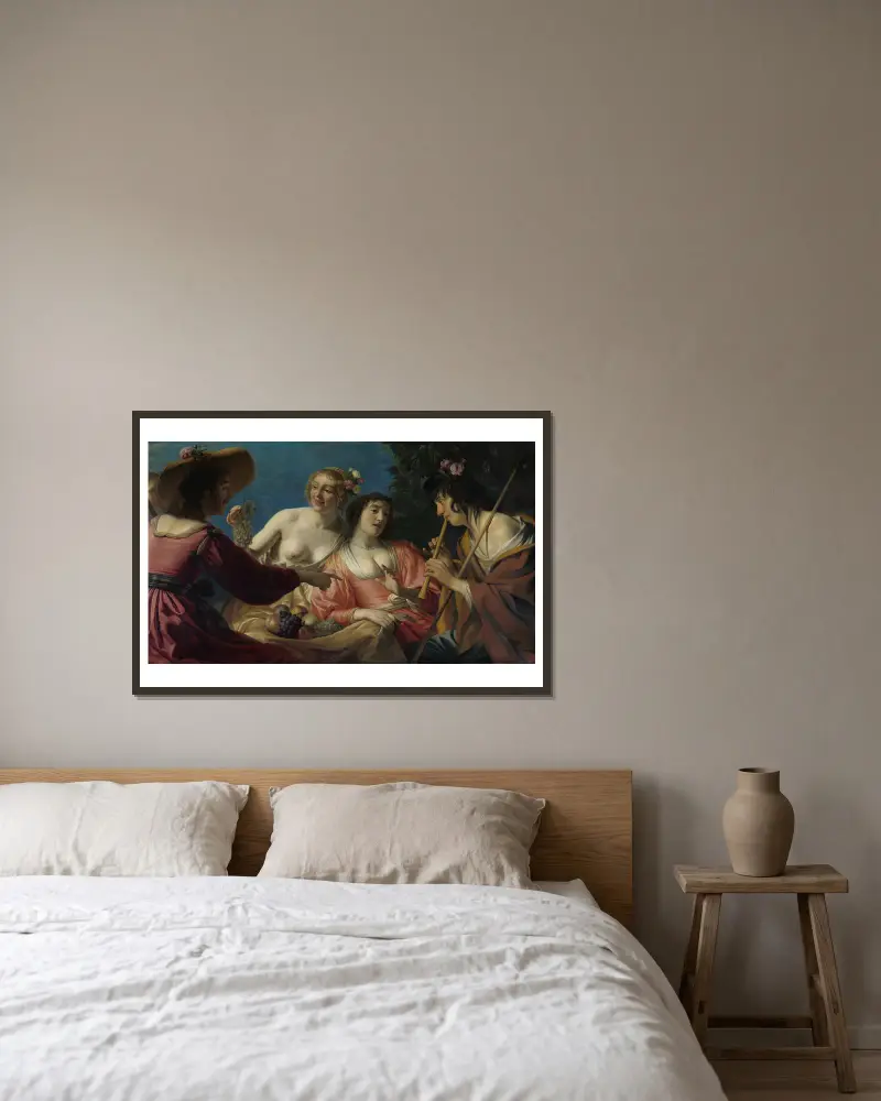 Shepherd Playing the Flute,and four Shepherdesses av Gerard van Honthorst inramad på en vägg