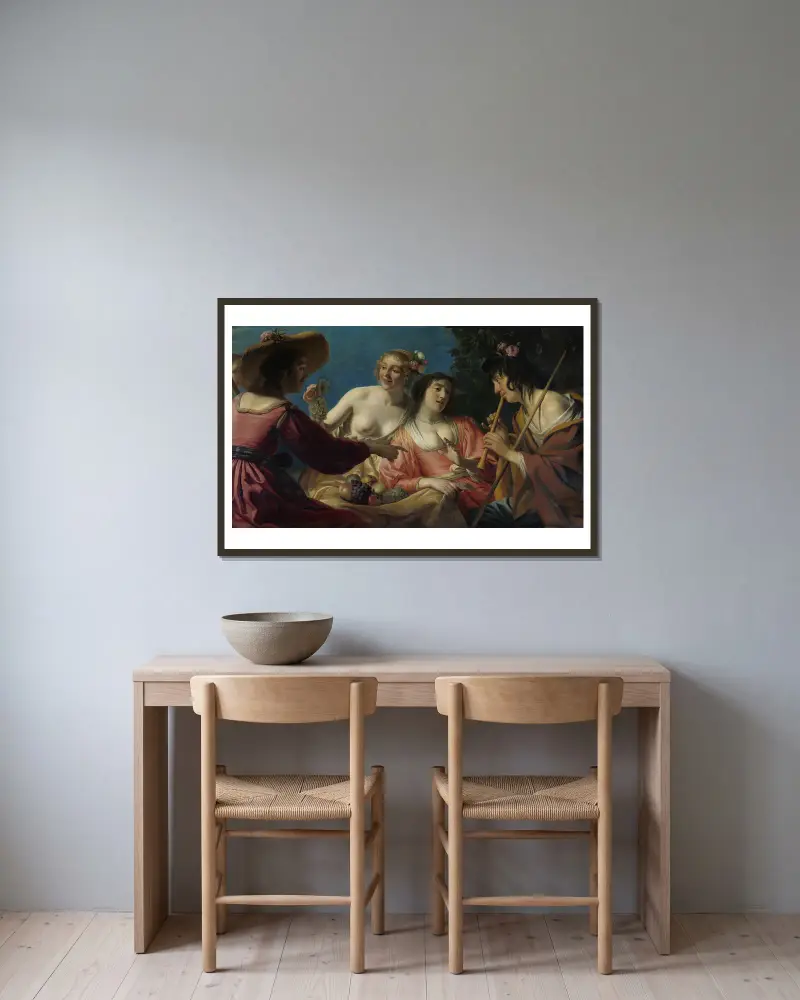 Shepherd Playing the Flute,and four Shepherdesses av Gerard van Honthorst inramad på en vägg