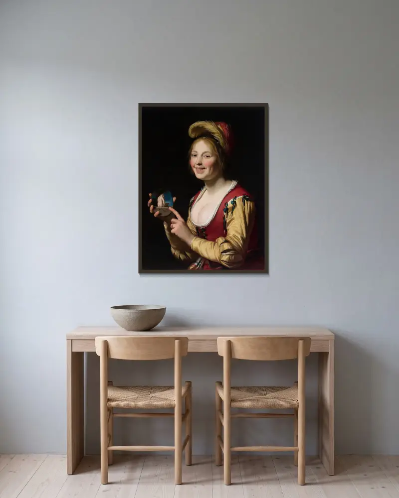 Lächelndes Mädchen, eine Kurtisane, ein unzüchtiges Bild haltend von Gerard van Honthorst gerahmt an einer Wand