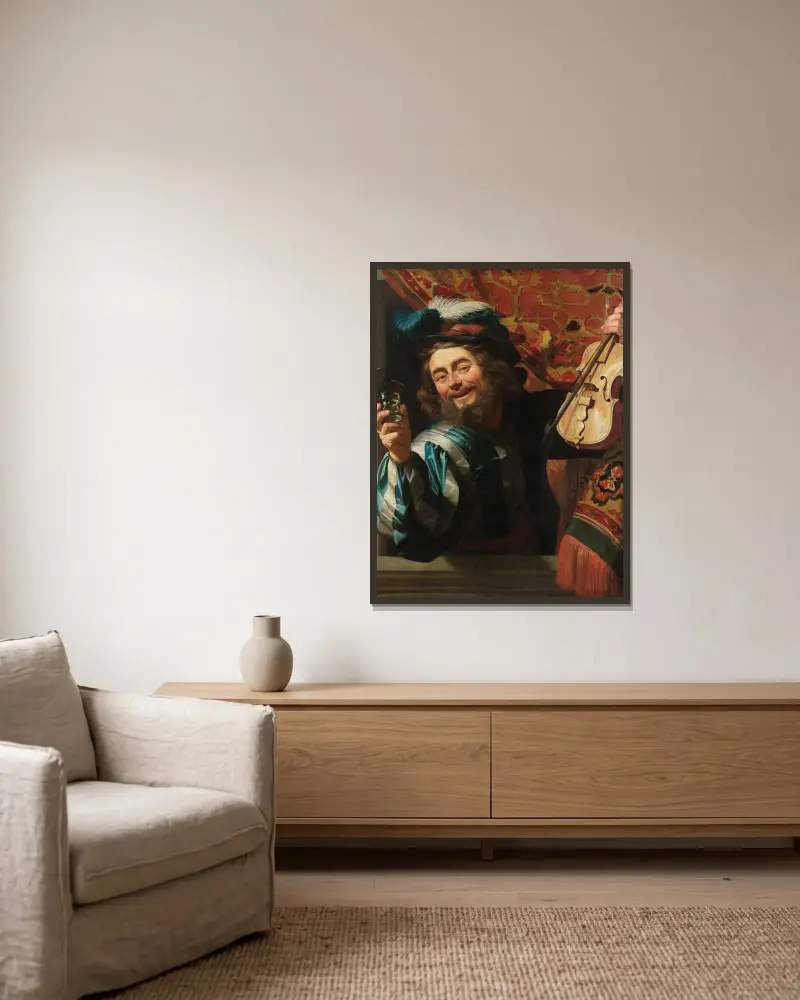 Der fröhliche Geigenspieler von Gerard van Honthorst gerahmt an einer Wand