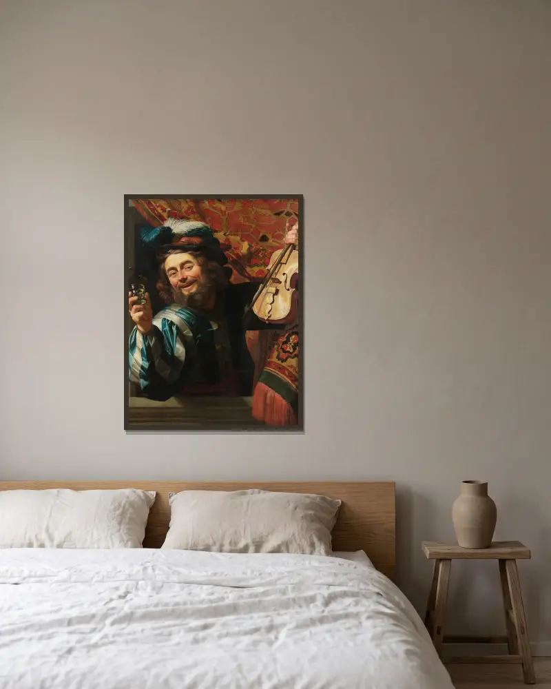 Der fröhliche Geigenspieler von Gerard van Honthorst gerahmt an einer Wand