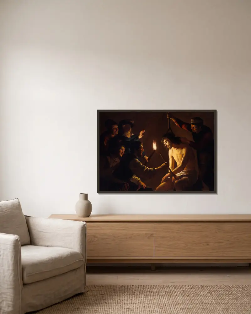 The Mocking of Christ av Gerard van Honthorst inramad på en vägg