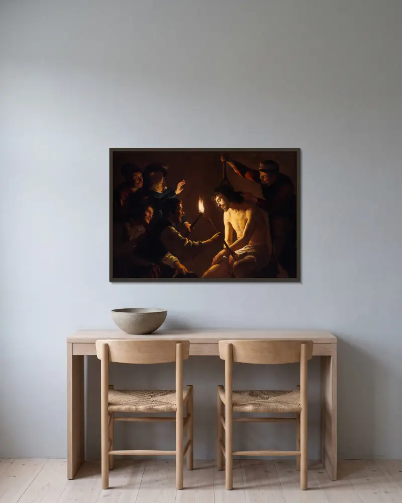 The Mocking of Christ av Gerard van Honthorst inramad på en vägg