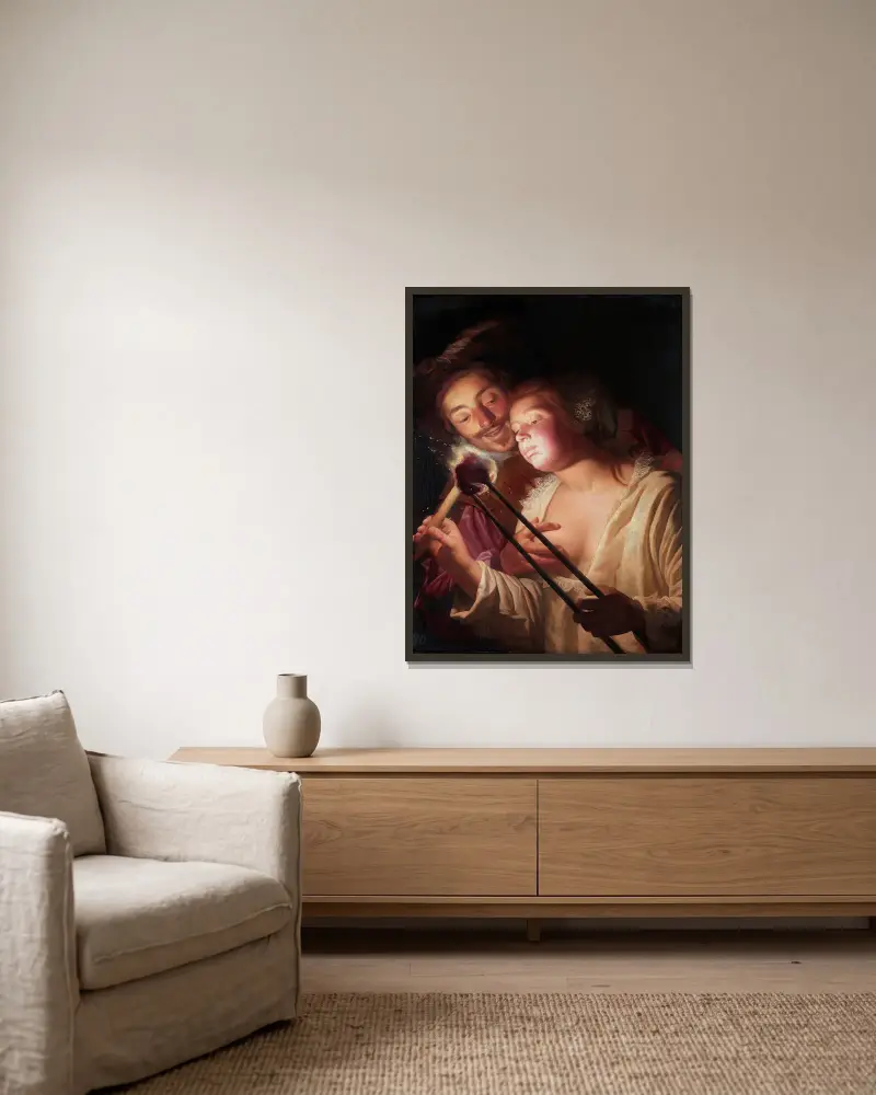Soldaten och flickan av Gerard van Honthorst inramad på en vägg