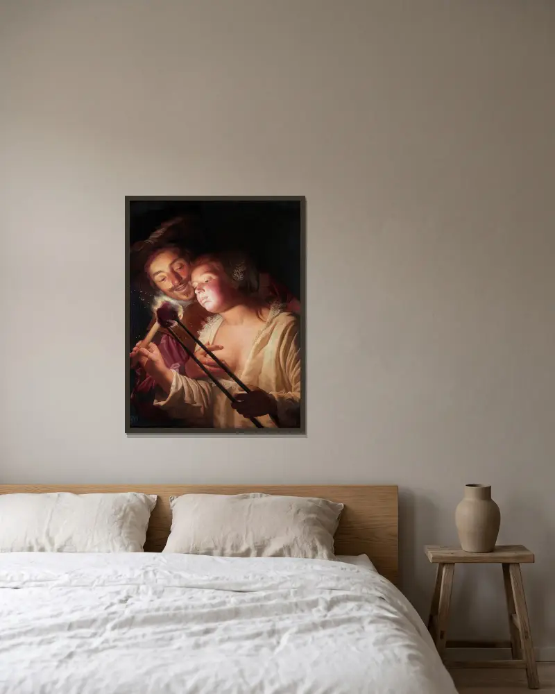 Soldaten och flickan av Gerard van Honthorst inramad på en vägg