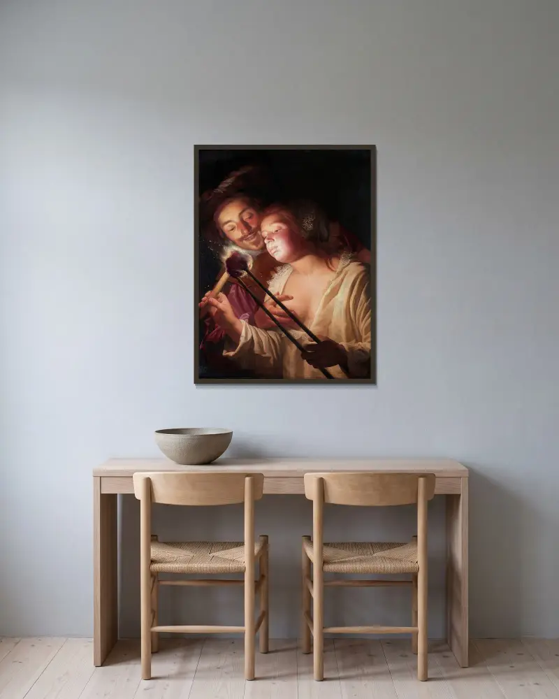 Soldaten och flickan av Gerard van Honthorst inramad på en vägg