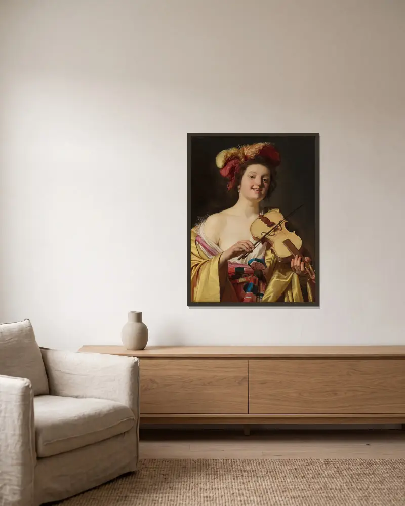 Der Geigenspieler von Gerard van Honthorst gerahmt an einer Wand