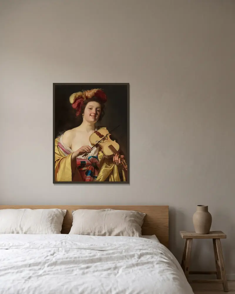 Der Geigenspieler von Gerard van Honthorst gerahmt an einer Wand