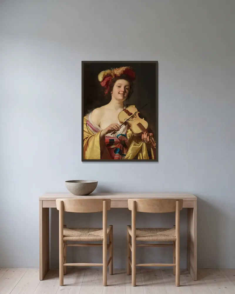 Der Geigenspieler von Gerard van Honthorst gerahmt an einer Wand