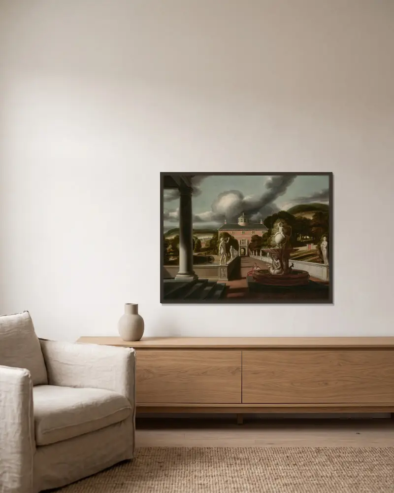 Utsikt från en villa, med en kvinna sittande vid en fontän och en allé av statyer av Samuel van Hoogstraten inramad på en vägg