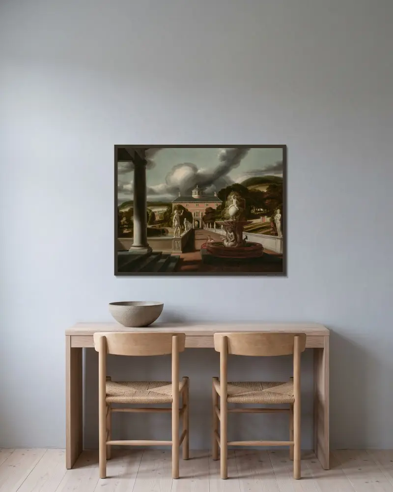 Utsikt från en villa, med en kvinna sittande vid en fontän och en allé av statyer av Samuel van Hoogstraten inramad på en vägg