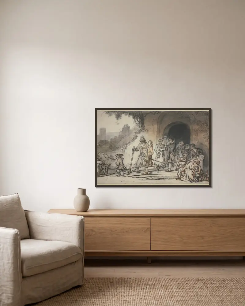 Ein junger Mann, gestiefelt und gespornt, tritt begleitet von seinem alten Vater und seiner Familie aus einem Haus, im Hintergrund halten Diener sein Pferd von Samuel van Hoogstraten gerahmt an einer Wand