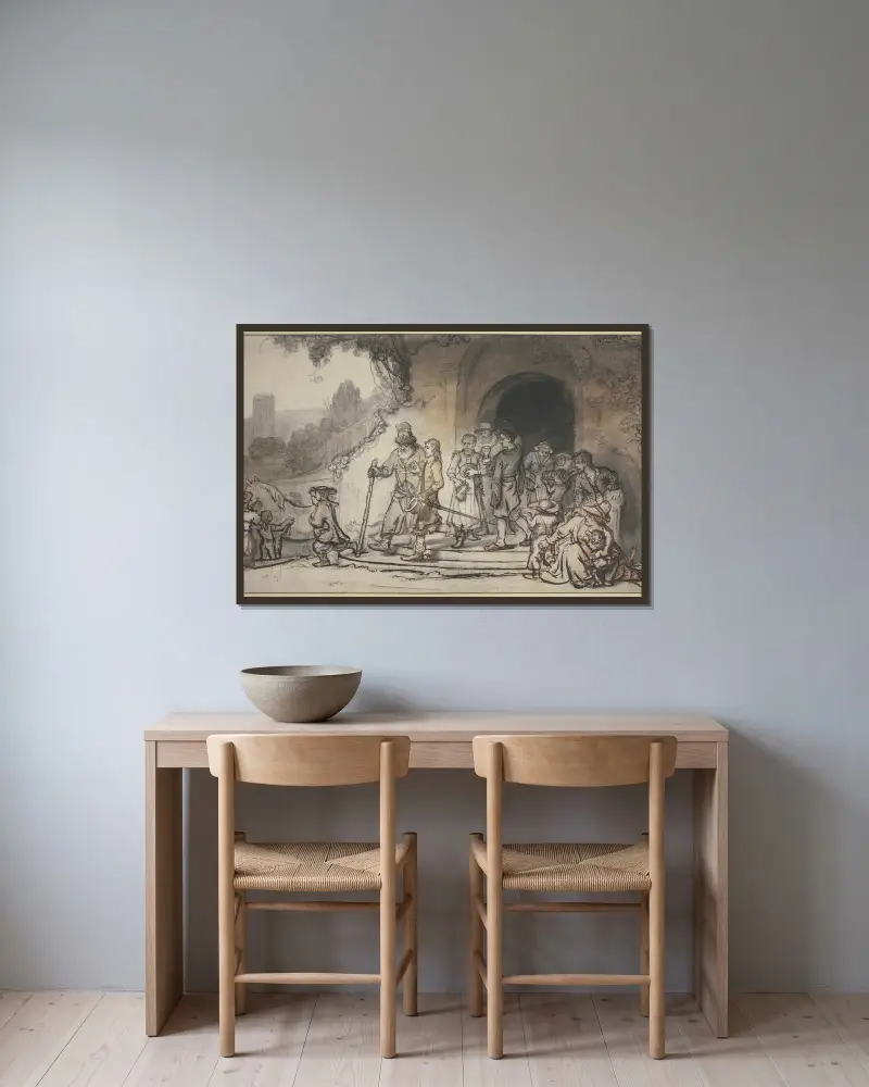 Ein junger Mann, gestiefelt und gespornt, tritt begleitet von seinem alten Vater und seiner Familie aus einem Haus, im Hintergrund halten Diener sein Pferd von Samuel van Hoogstraten gerahmt an einer Wand