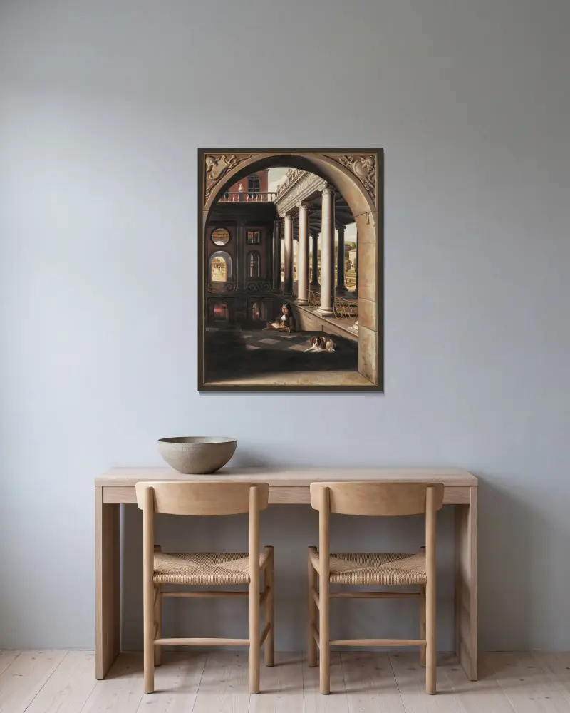 Ung man läsande i ett renässanspalats av Samuel van Hoogstraten inramad på en vägg