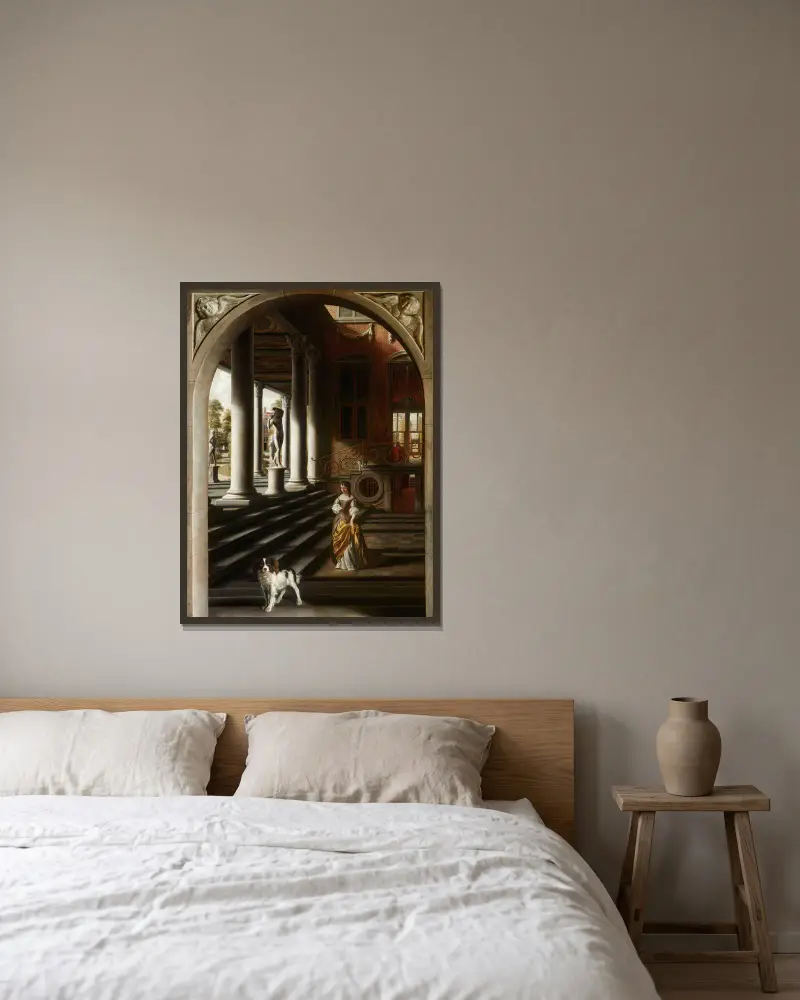 Perspektivvy med en kvinna som läser ett brev av Samuel van Hoogstraten inramad på en vägg