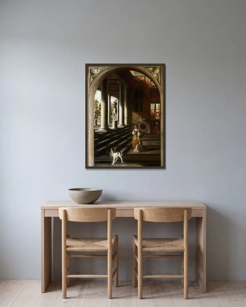 Perspektivvy med en kvinna som läser ett brev av Samuel van Hoogstraten inramad på en vägg