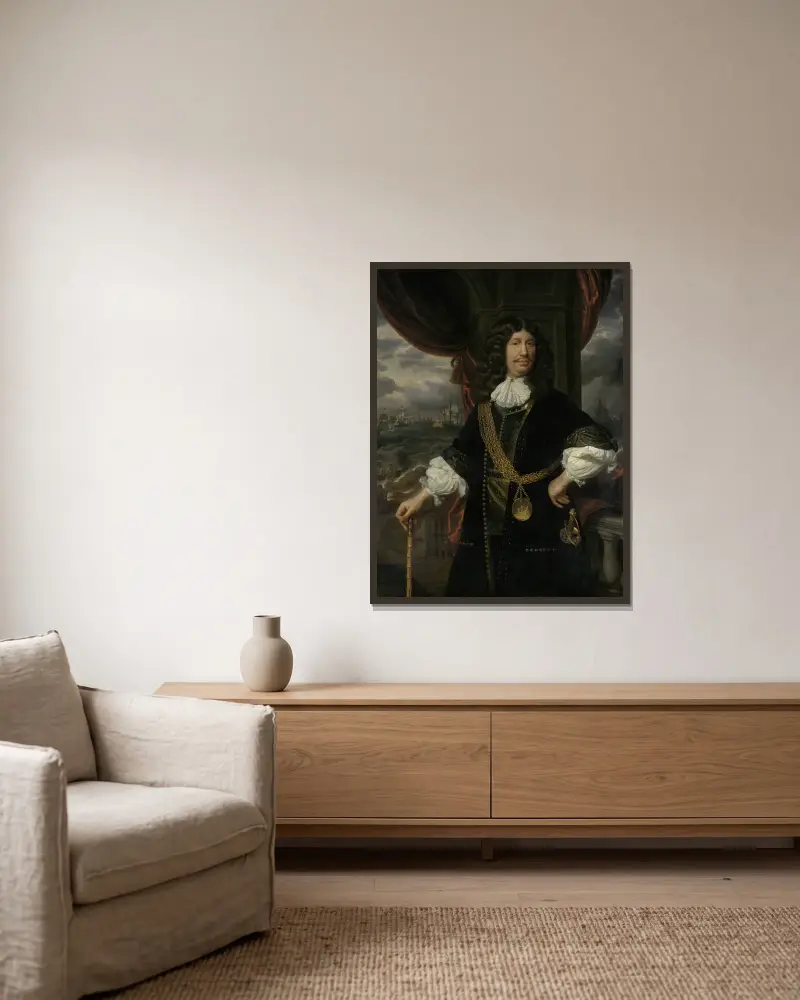 Porträtt av Mattheus van den Broucke (1620–1685), rådman i Indien av Samuel van Hoogstraten inramad på en vägg