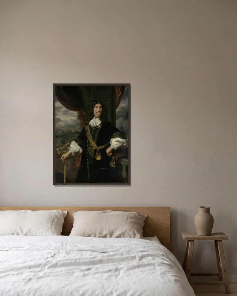 Porträtt av Mattheus van den Broucke (1620–1685), rådman i Indien av Samuel van Hoogstraten inramad på en vägg