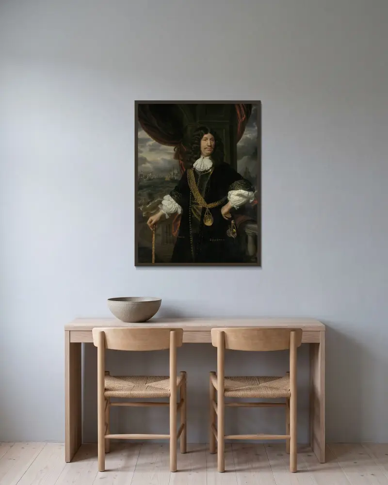 Porträtt av Mattheus van den Broucke (1620–1685), rådman i Indien av Samuel van Hoogstraten inramad på en vägg