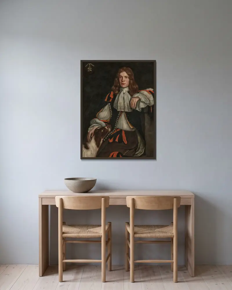 Porträtt av Thomas Godfrey av Burton Aleph (d. 1690) av Samuel van Hoogstraten inramad på en vägg