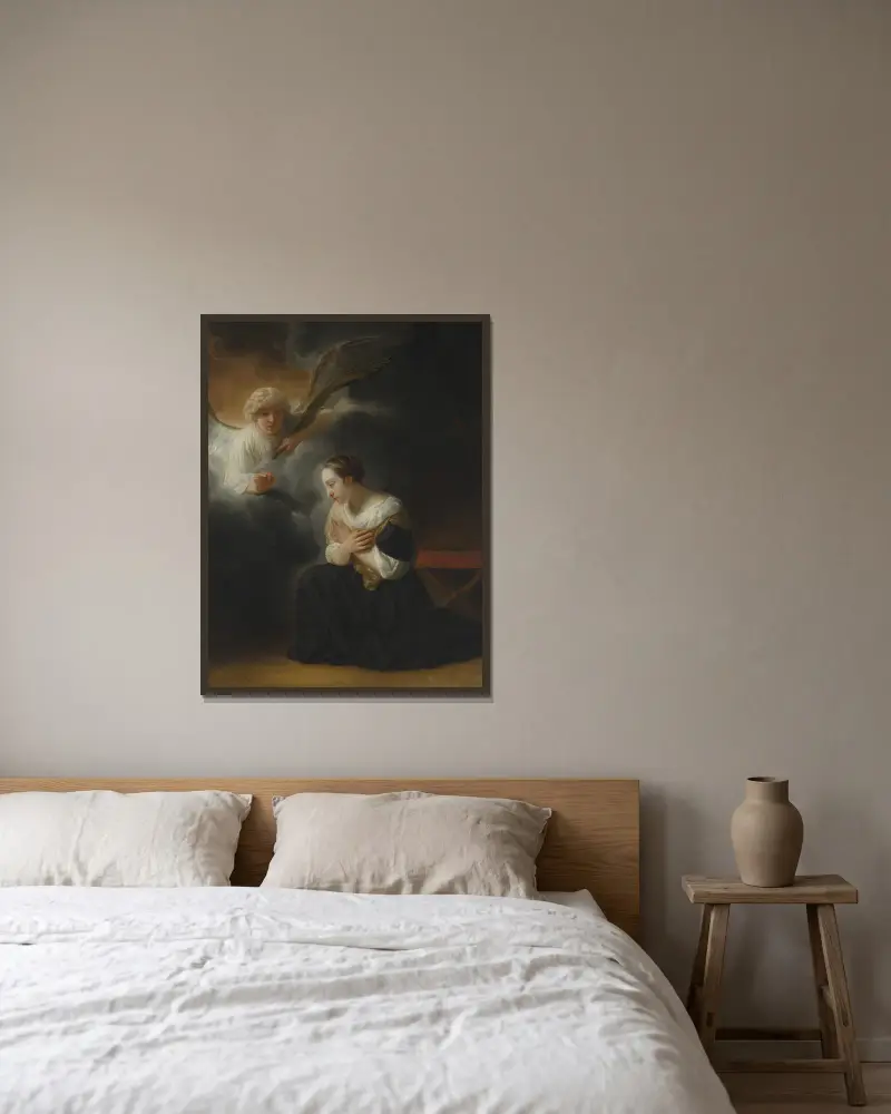 Jungfruns dödsbebådelse av Samuel van Hoogstraten inramad på en vägg