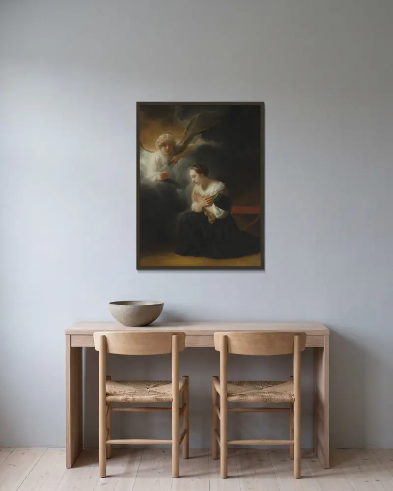 Jungfruns dödsbebådelse av Samuel van Hoogstraten inramad på en vägg