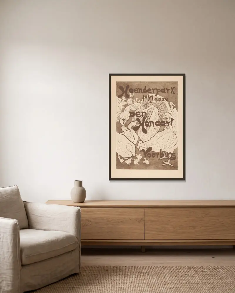 Affiche voor het Hoenderpark 1e klasse Den Honaart Voorburg av Theo van Hoytema inramad på en vägg