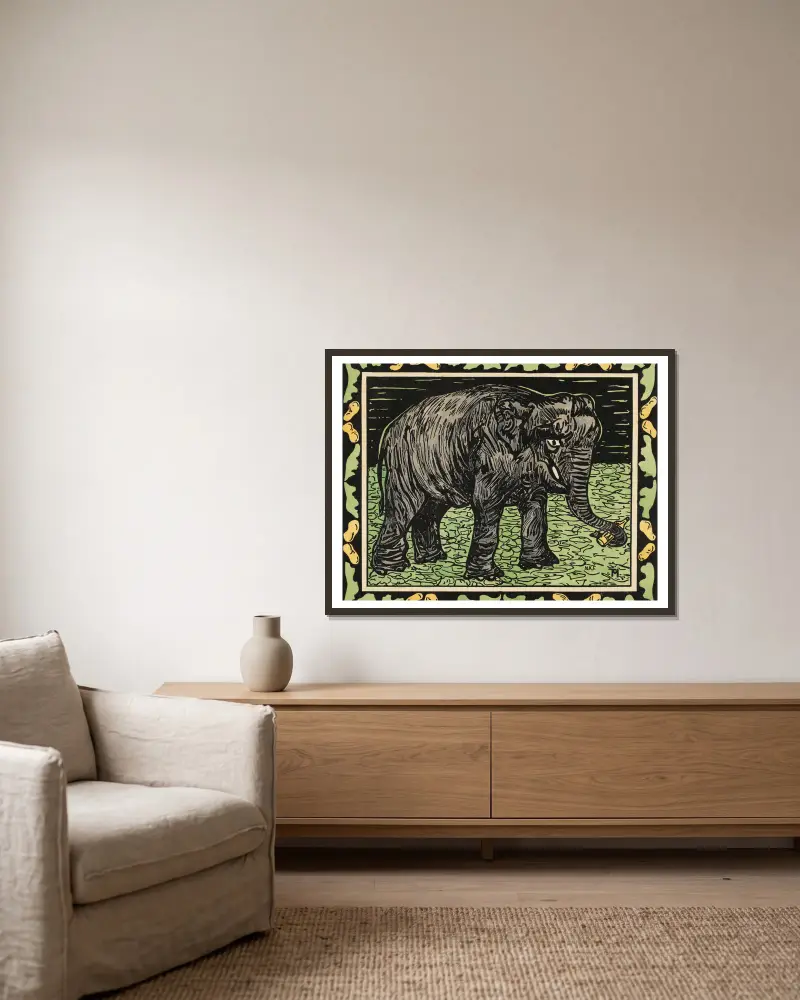 Elefant mit Flasche von Theo van Hoytema gerahmt an einer Wand