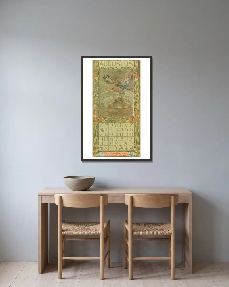 Kalenderblatt August mit Eichelhäher von Theo van Hoytema gerahmt an einer Wand