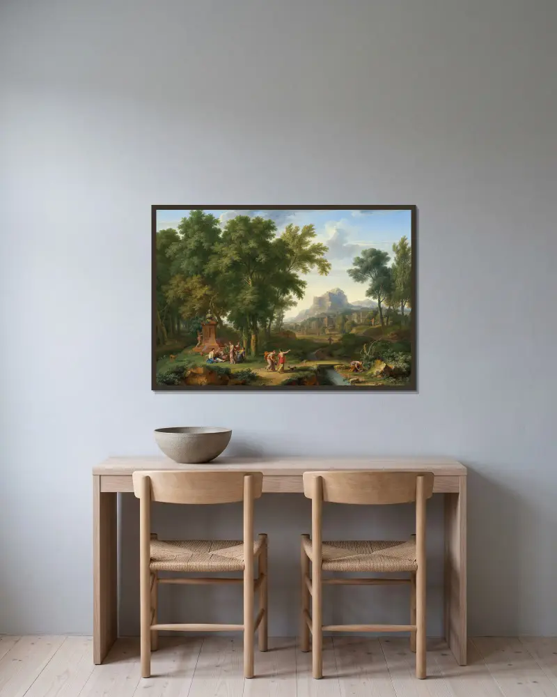 Arkadiskt landskap med byst av Flora av Jan van Huysum inramad på en vägg