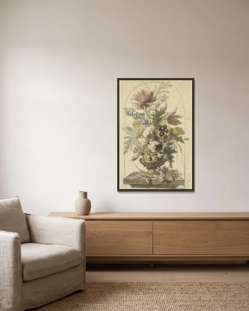 Blumenbouquet in einer Vase, vorne liegt eine Nelke von Jan van Huysum gerahmt an einer Wand