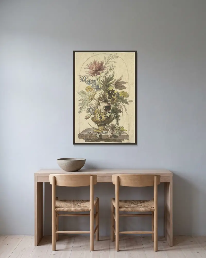 Blumenbouquet in einer Vase, vorne liegt eine Nelke von Jan van Huysum gerahmt an einer Wand