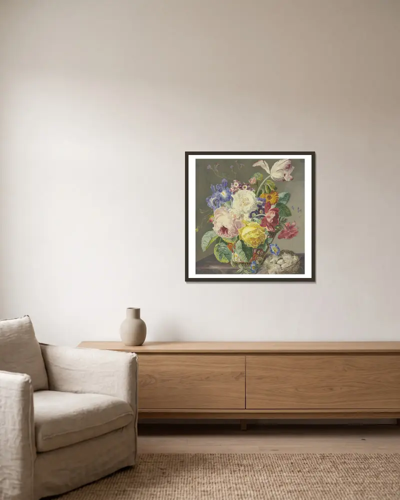 Blumenstillleben Mit Vogeleiern av Jan van Huysum inramad på en vägg