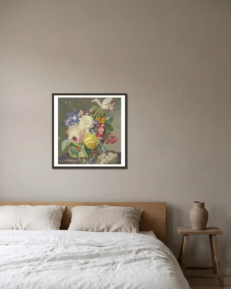 Blumenstillleben Mit Vogeleiern av Jan van Huysum inramad på en vägg