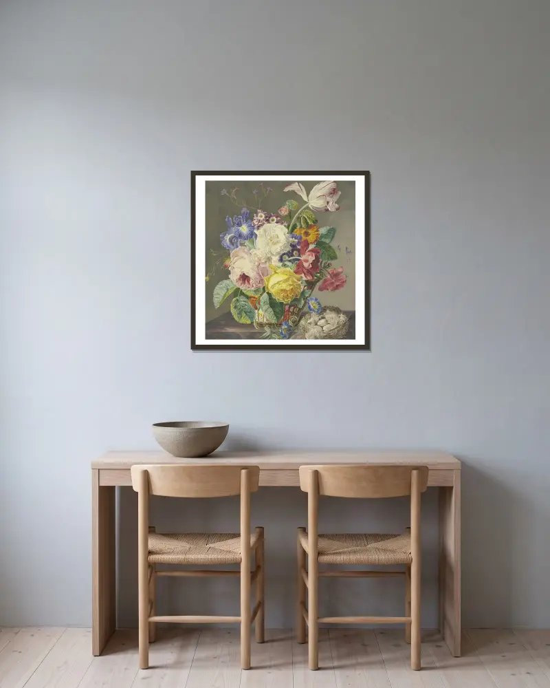 Blumenstillleben Mit Vogeleiern av Jan van Huysum inramad på en vägg