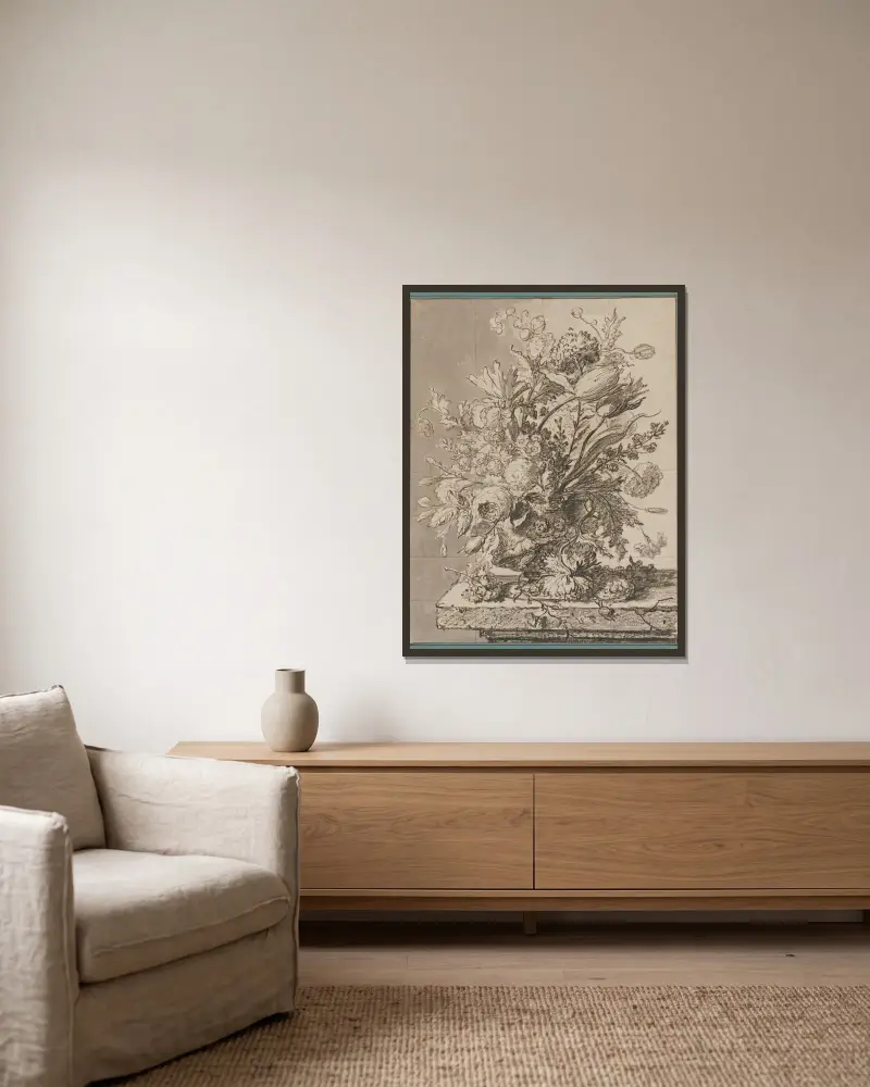 Blumenstrauß in einer Terrakottavase von Jan van Huysum gerahmt an einer Wand