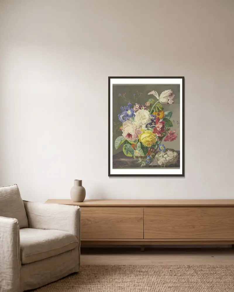 Blommor i en flätad korg och ett fågelbo av Jan van Huysum inramad på en vägg