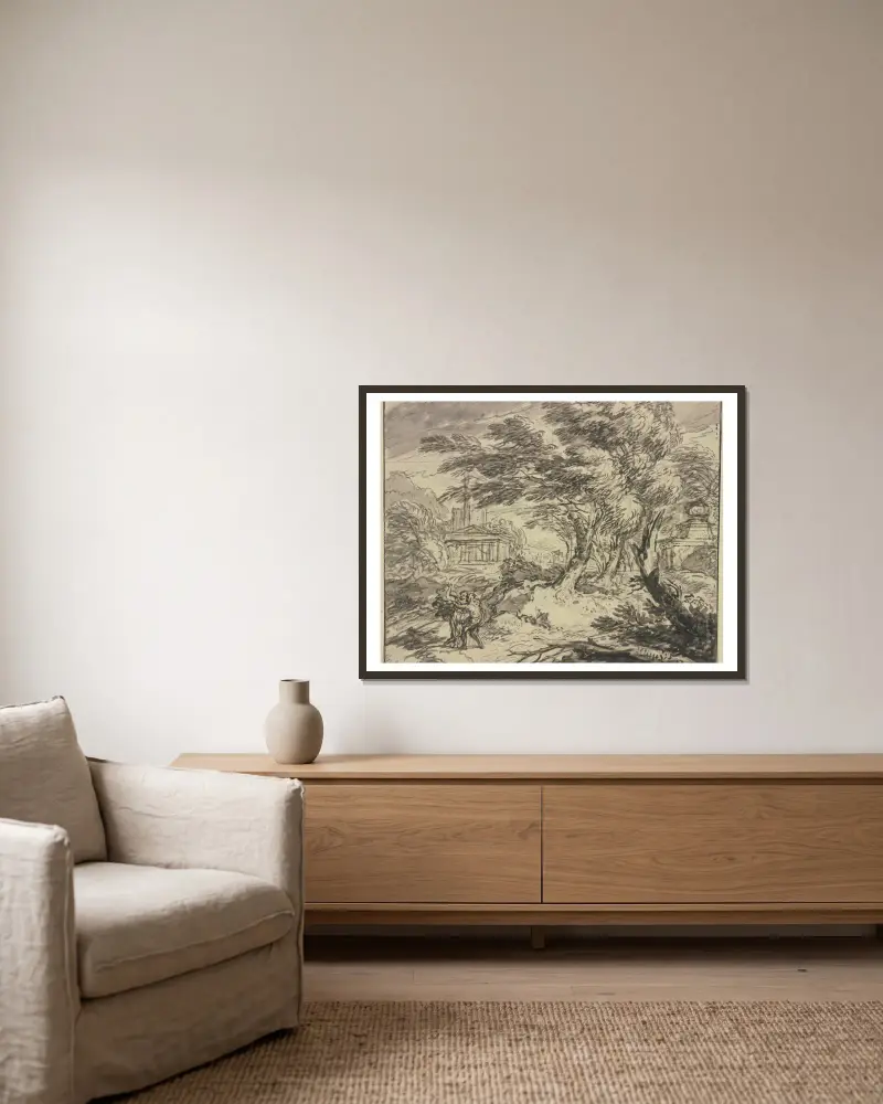Landschaft mit antikem Tempel im Sturm von Jan van Huysum gerahmt an einer Wand