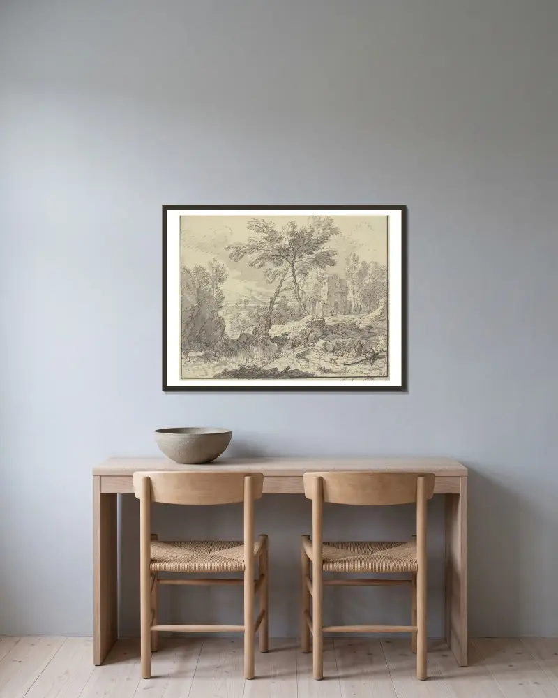 Landschaft mit einem Wasserfall, rechts an einem Baumstamm zwei Figuren von Jan van Huysum gerahmt an einer Wand