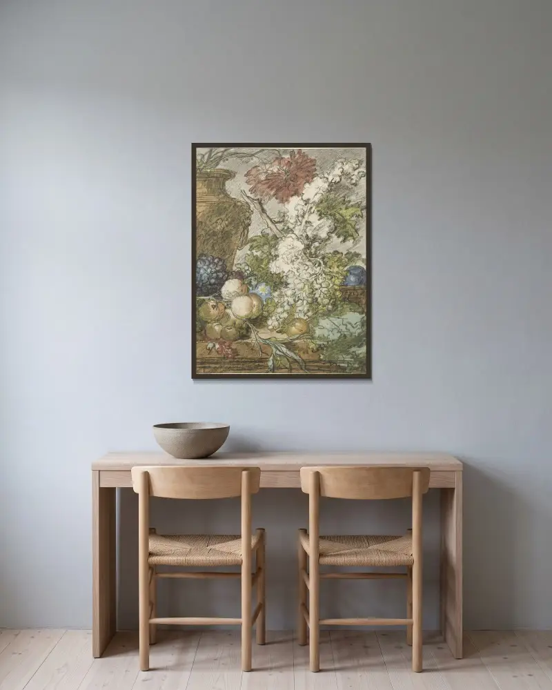 Skiss till ett stilleben med frukt och blommor av Jan van Huysum inramad på en vägg
