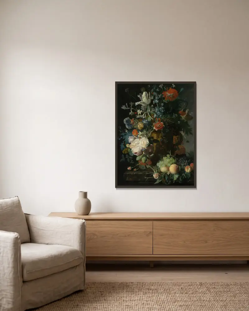Stilleben med blommor och frukt, 1721 av Jan van Huysum inramad på en vägg