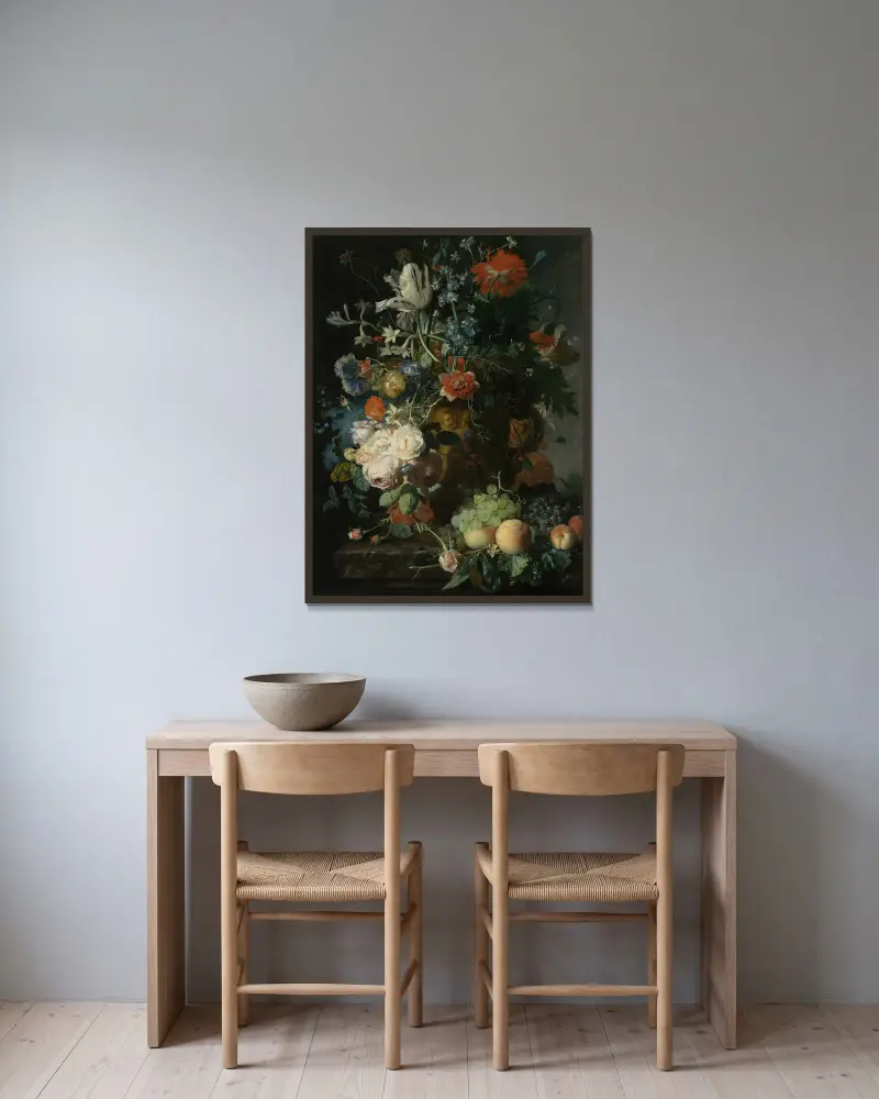 Stilleben med blommor och frukt, 1721 av Jan van Huysum inramad på en vägg