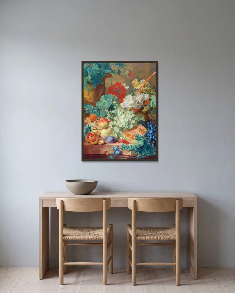 Blumenstillleben mit Früchten, 1728 von Jan van Huysum gerahmt an einer Wand