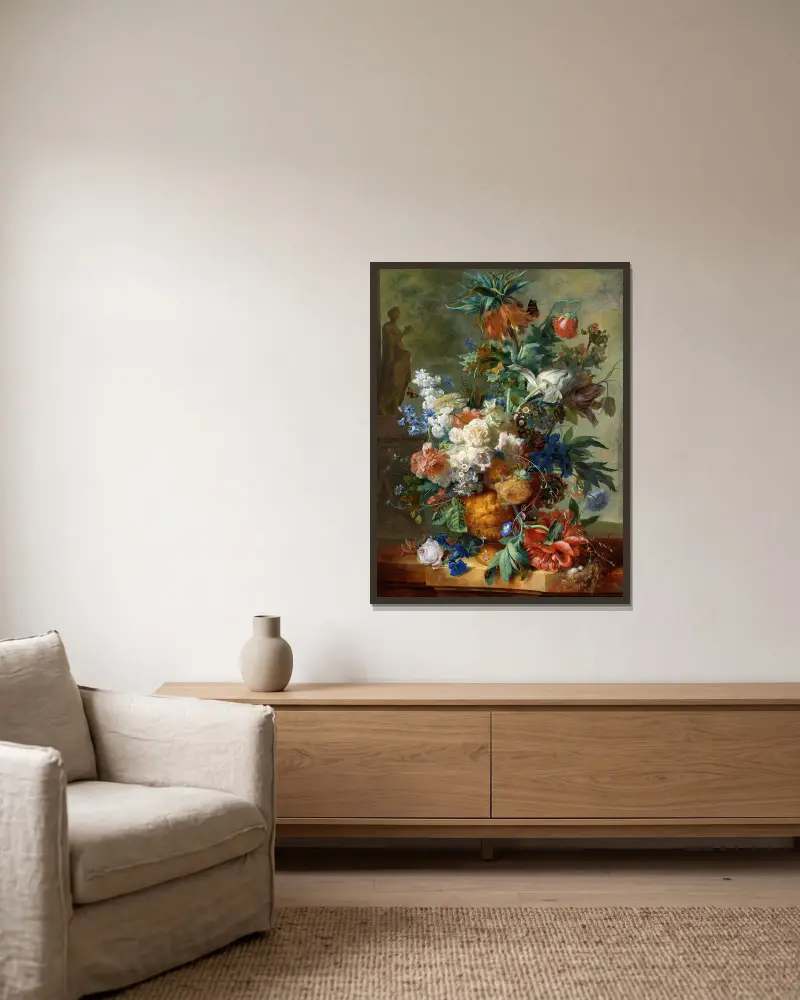 Still Life with Flowers av Jan van Huysum inramad på en vägg