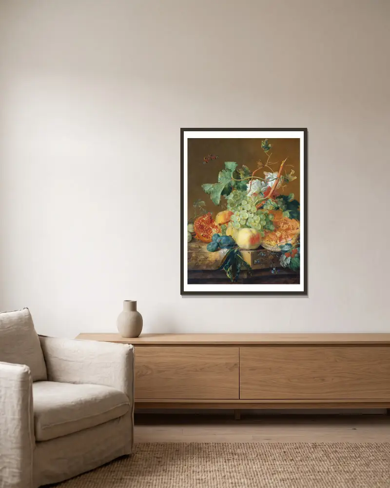 Stillleben mit Früchten von Jan van Huysum gerahmt an einer Wand