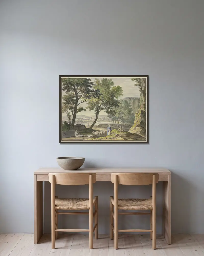 Stilfullt landskap med fåraherde, i fjärran en stad av Jan van Huysum inramad på en vägg