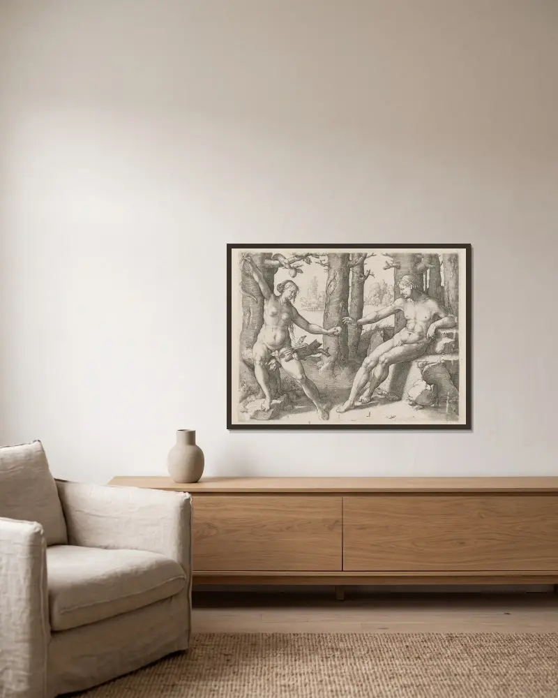 Der Sündenfall von Lucas Van Leyden gerahmt an einer Wand