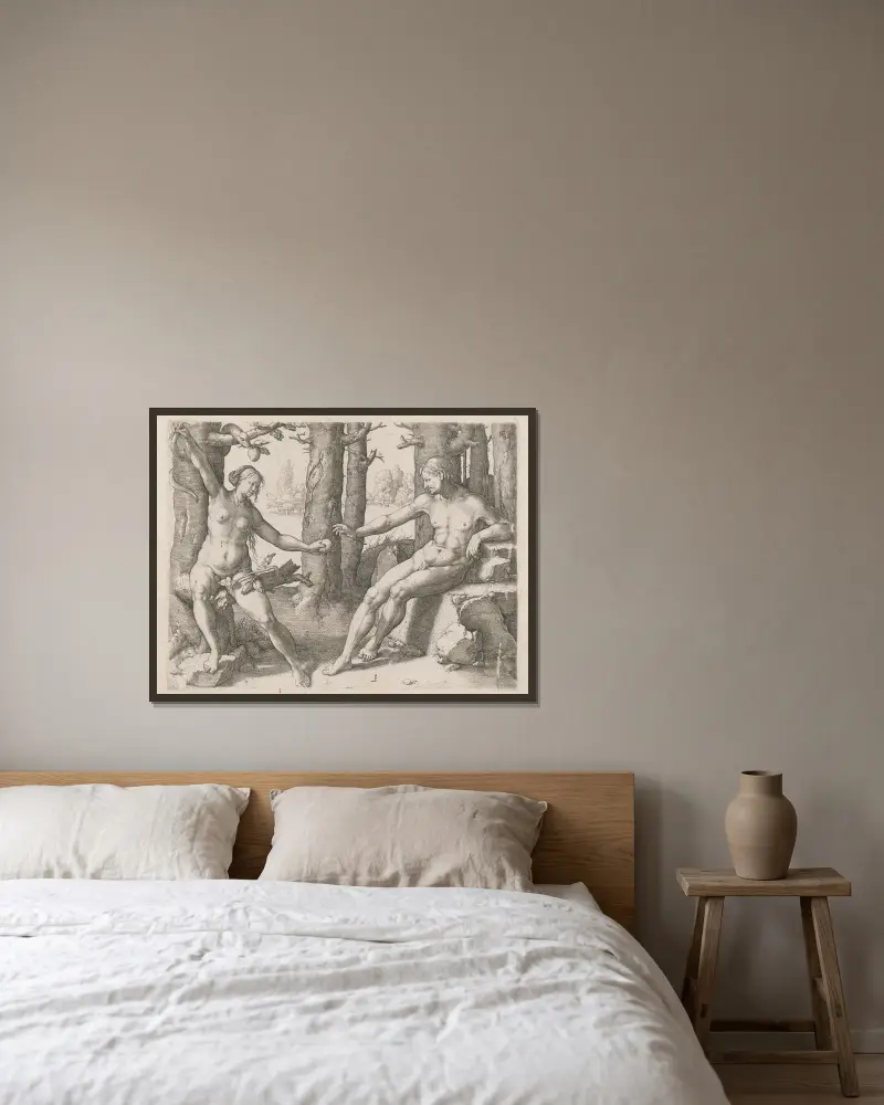Der Sündenfall von Lucas Van Leyden gerahmt an einer Wand